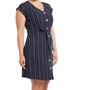 Tribal Femme Chic V-Neck Navy & White Striped Midi Shirt Dress Linen Blend SZ M